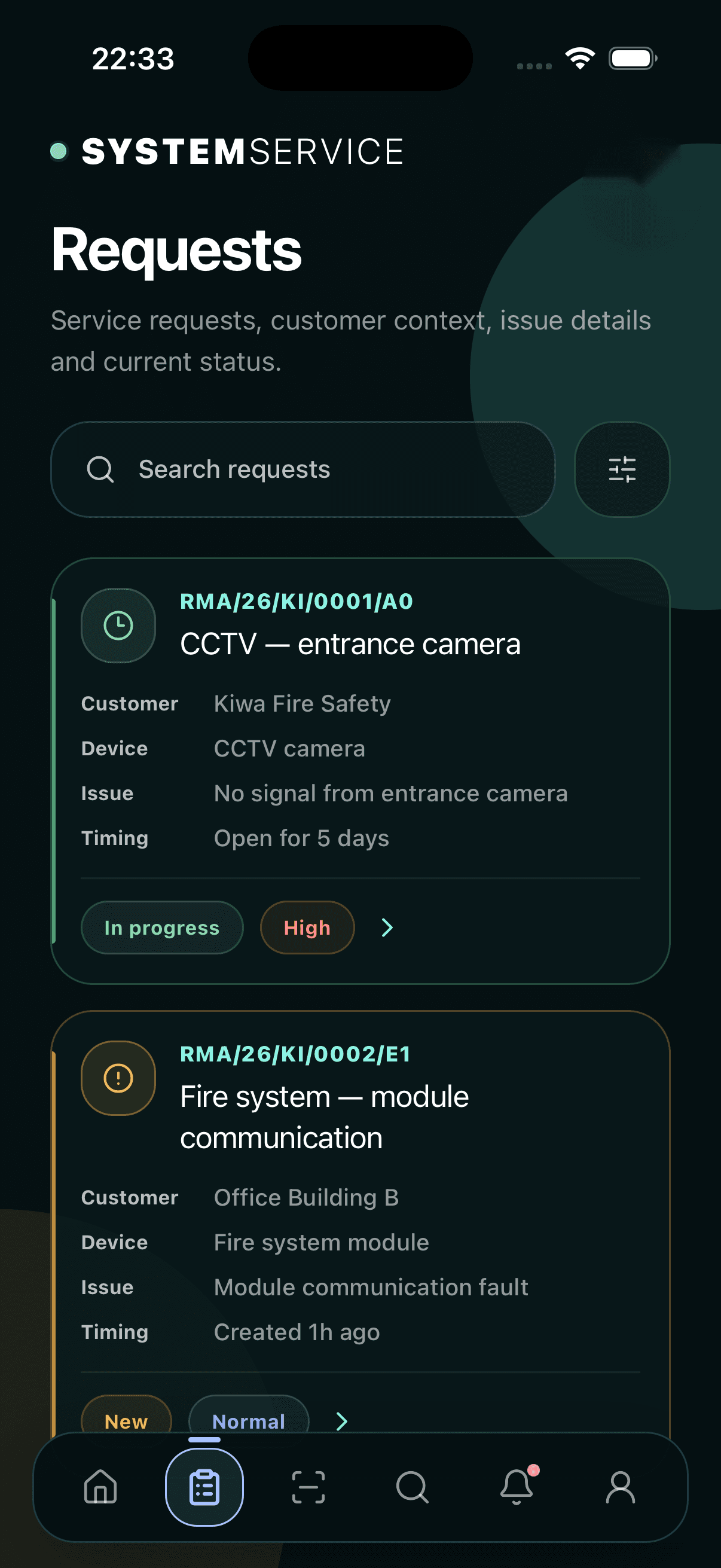 SystemService Mobile requests screen