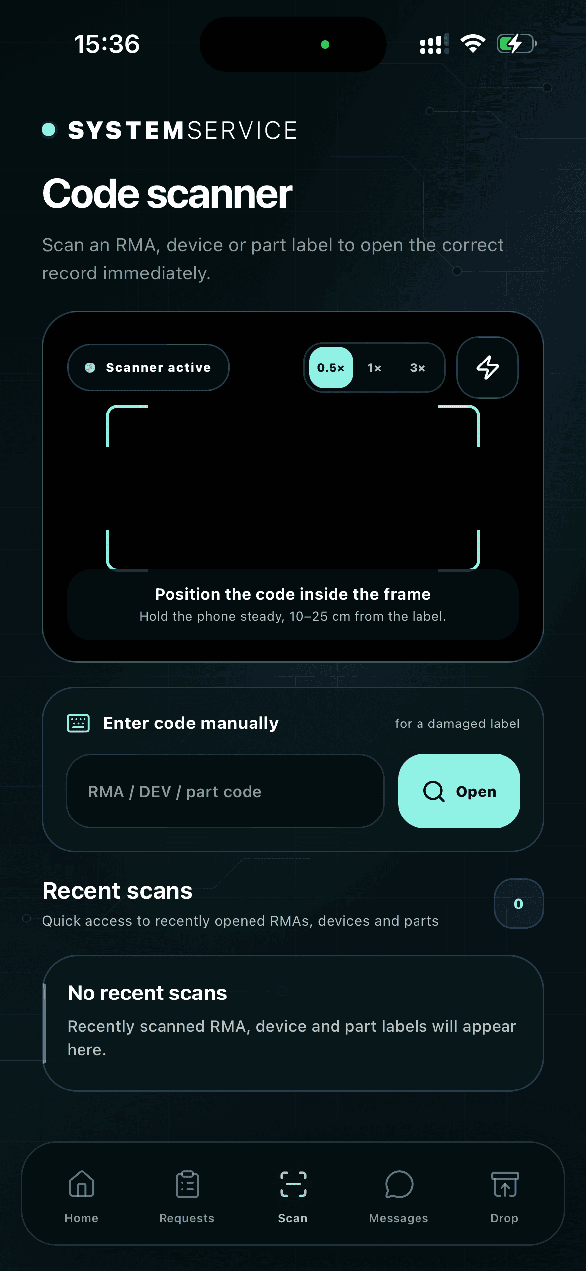 Code scanner in the SystemService mobile app