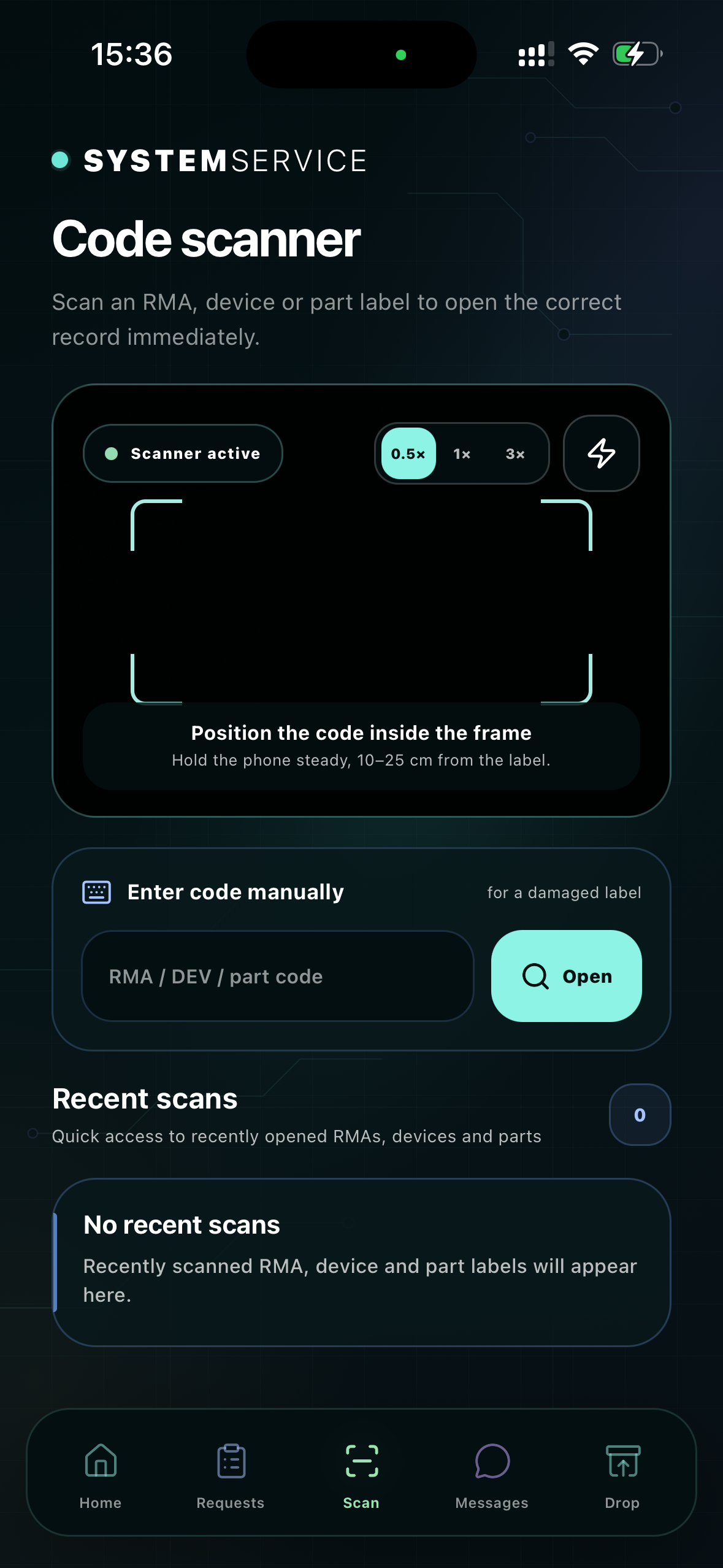 Code scanner in the SystemService mobile app